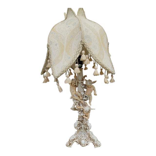 1980s Cherub Table Lamp With Tulip Lamp Shade For Sale