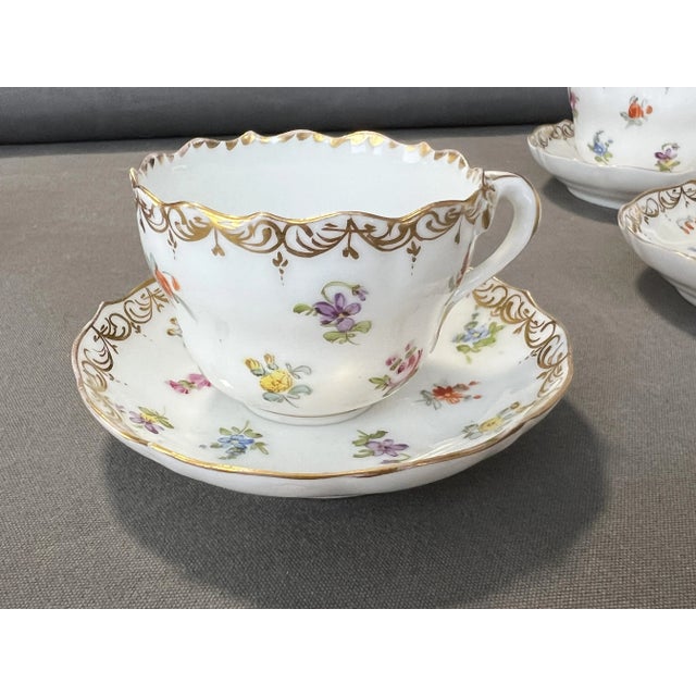 1950s Porcelain Cups and Saucers with Gilt Edges and Floral Motifs from Meissen, 1950s, Set of 12 For Sale - Image 5 of 12