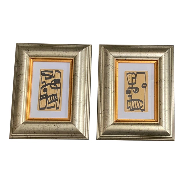 Contemporary Two Original Wayne Cunningham Abstract Marker Drawings on Vintage Registration Cards- Set of Two For Sale