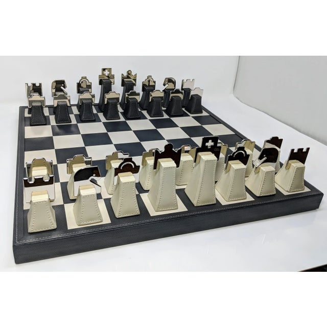 Early 21st Century Regency Italian Renzo Romagnoli Leather and Chrome Black and Cream Chess Set For Sale - Image 5 of 12