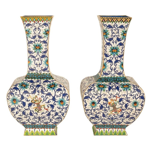 Antique Pair Monumental Chinese Qing Qianlong Period Cloissoné Enamel Vases 1795 For Sale - Image 16 of 16