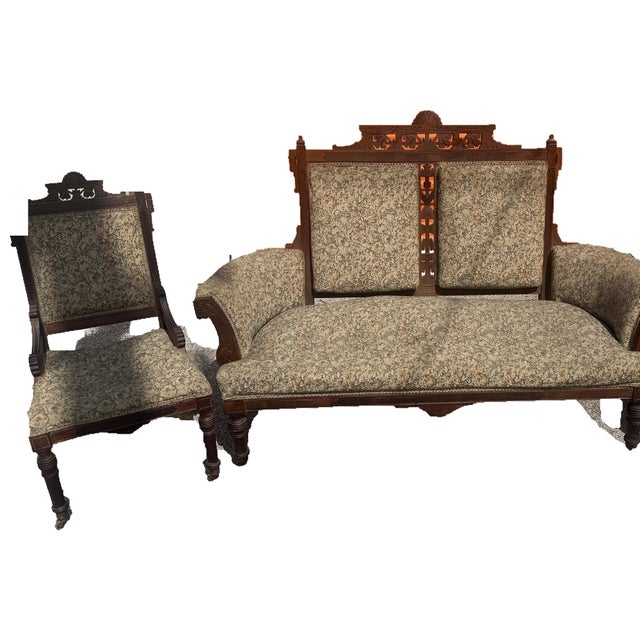Victorian Late 19th Century Eastlake Settee and Two Matching Chairs For Sale - Image 3 of 5