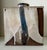 A vintage style ceramic square shaped pottery vessel with a Mid-Century era design. An abstract in neutral and blue tones...