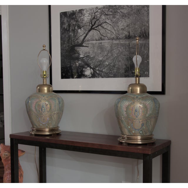 A pair of large statement Frederick Cooper Chicago table lamps with ceramic ginger jar bodies in a golden ochre glaze,...