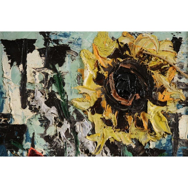 MidCentury Modern "Still Life With Sunflowers" Impasto Oil Painting on