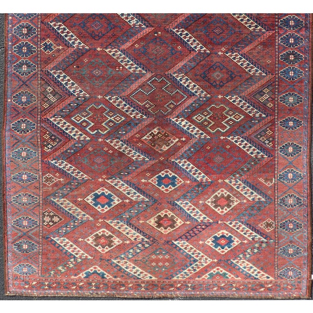 Tribal Antique Turkestan Beshir Rug With Deep Red Field and Repeating Diamond Motifs For Sale - Image 3 of 15