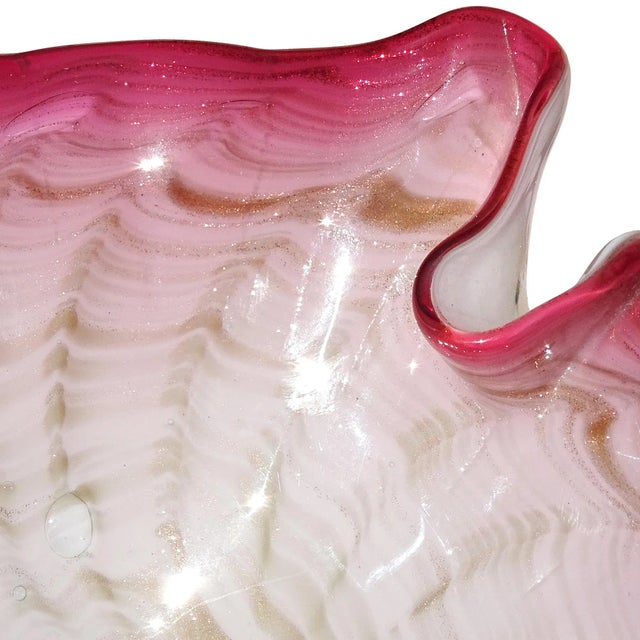 Abstract Vintage Murano Dark Pink Rim Copper Aventurine Swirls Italian Art Glass Decorative Leaf Shaped Bowl For Sale - Image 3 of 7