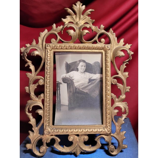 Pair of Antique-Style Gilded Picture Frames • Ornate Cast Metal • Baroque Revival • 5x7 • Heavy, Free-Standing For Sale - Image 16 of 16