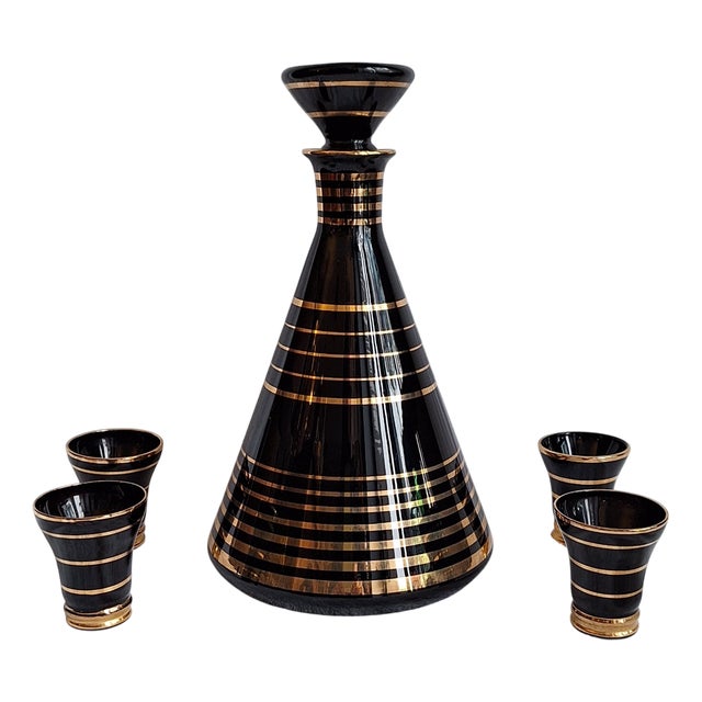 Belgian Art Deco Liqueur Decanter with Glasses, 1930s, Set of 5 For Sale