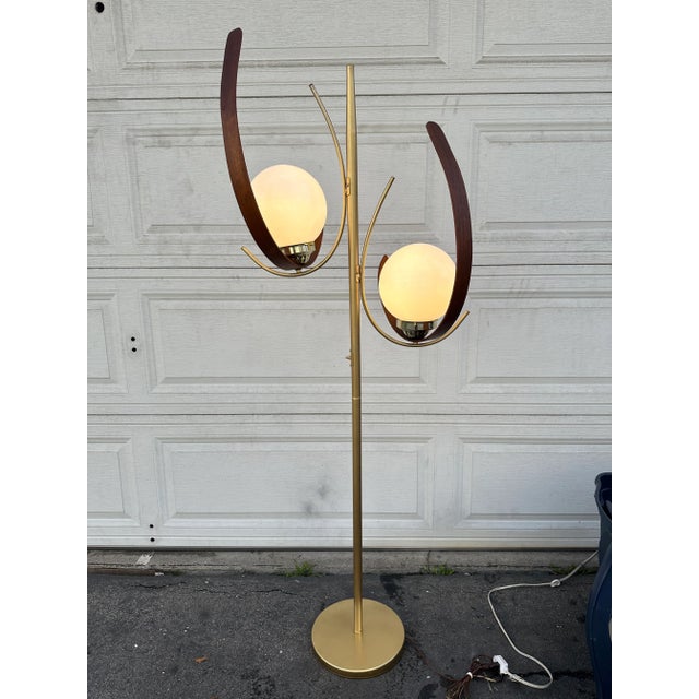 Wood Mid Century Crescent Globes Floor Lamp For Sale - Image 7 of 10