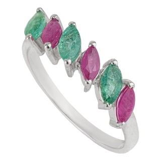 Handmade Two-Tone Pink & Green Sapphire Navette Stacking Ring in Silver Size 8 For Sale