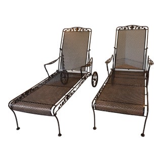 Sam Blount Company Wrought Iron Floral Chaise Loungers — Vintage Pair For Sale