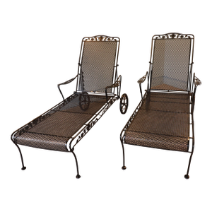 Sam Blount Company Wrought Iron Floral Chaise Loungers — Vintage Pair