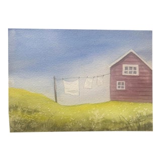 “Country Breeze” Original 5x7 Watercolor Farmhouse Landscape by Nancy Smith For Sale