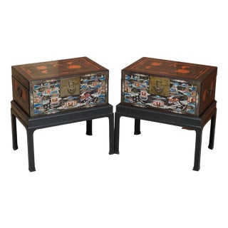 Large Vintage Chinese Hand-Painted Chests on Stands, Set of 2 For Sale
