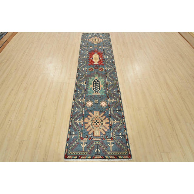 Farmhouse Kazak Runner 2’7” X 9’9” Blue Wool Tribal Hand-Knotted Oriental Rug For Sale - Image 3 of 13