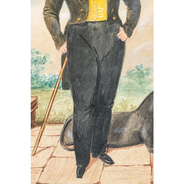 Amazing Antique English School Portrait Gouache Watercolor Painting of Aristocratic Man With Dog Framed Wall Decor For Sale - Image 10 of 15