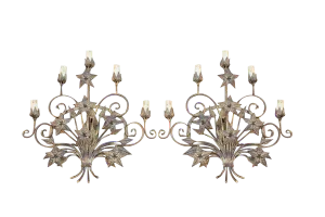 Italian Hand-Forged Metal Wall Lights with Aged Gold Finish, 1950s, Set of 2