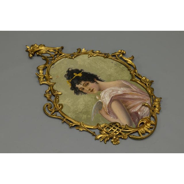 Chartreuse French Art Nouveau Painted Portrait in a Louis XV Style Bronze Frame, 1900s For Sale - Image 8 of 18