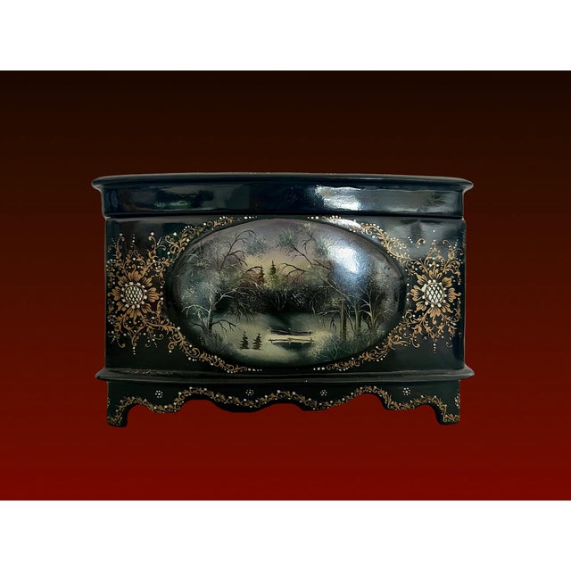 Black Vintage Russian Black Lacquer Fedoskino Box, Mother of Pearl Sunset, Winter Snow, Artist Signed & Dated For Sale - Image 8 of 13