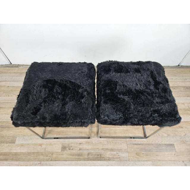 Vintage Stools in Chromed Metal with Black Fur Seats, 1970s, Set of 2 For Sale - Image 4 of 12