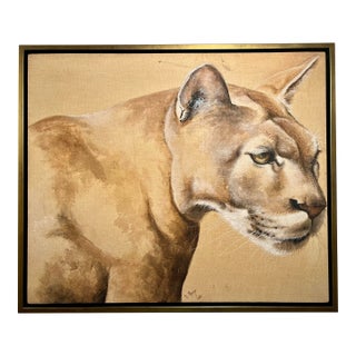 1980 Original Oil on Canvas Painting Mountain Lion by American Artist Della Mazy For Sale