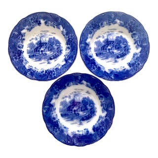 Antique Wood & Sons Flow Blue Soup PLates, Set of 3 For Sale