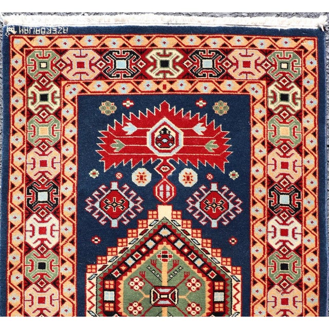 Geometric Vintage Caucasian Rug With Tribal Geometric Medallions in Blue and Red For Sale - Image 9 of 12