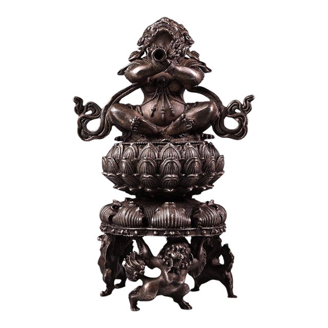 Late 19th Century Silver-Plated Bronze Censer With Vajra Deity, 900g, 7" Tall For Sale