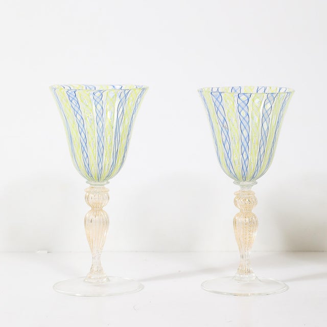 1950s Set of 8 Hand-Blown Murano Latticino Blue & Chartreuse Wine Glasses W/ 24k Gold For Sale - Image 5 of 18