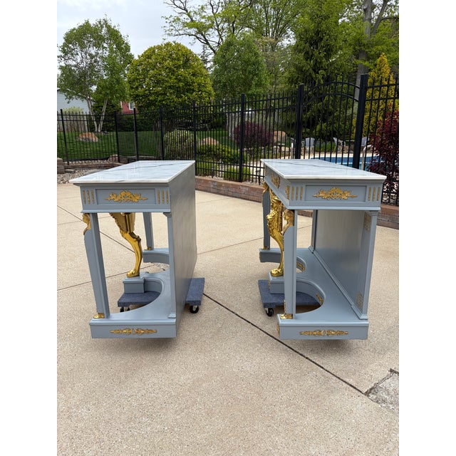 Wood A Pair of Empire Revival Consoles With Gilded Sphinxes and Marble Tops For Sale - Image 7 of 17
