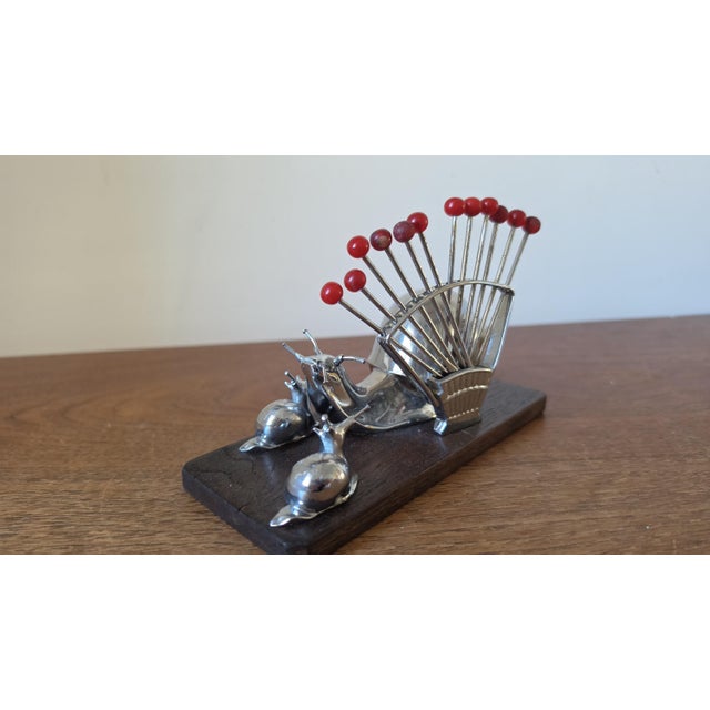 Wood Vintage Snail Cocktail Pick Holder Mid Century Barware Chrome Snail Toothpick Holder Atomic Era Martini Olive Picks For Sale - Image 7 of 9