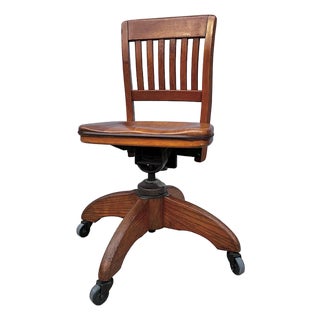 Vintage Solid Oak Banker's or Typist Office Chair on Casters | Gunlocke Style For Sale