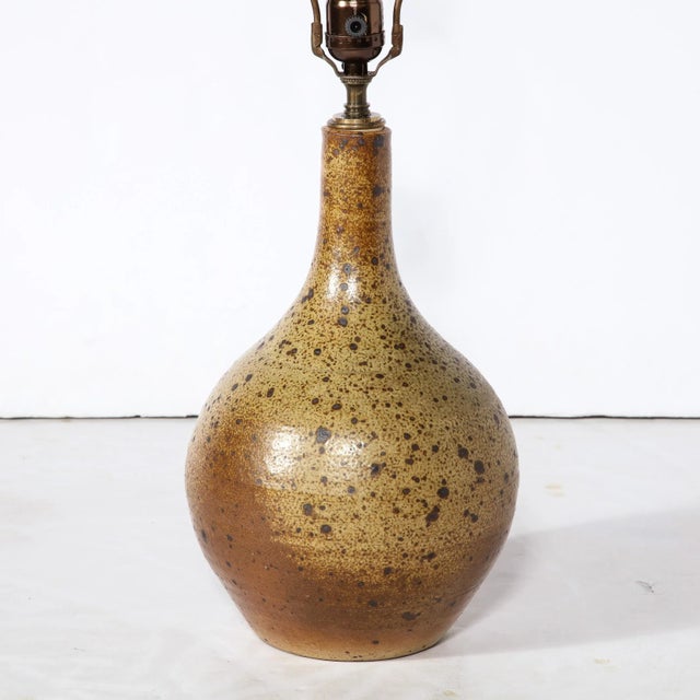 Tan Mid-Century Modernist Hand-Glazed Ceramic Table Lamp With Speckled Volcanic Detail For Sale - Image 8 of 11