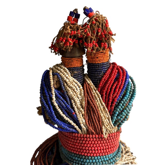 1980s Vintage African Beaded Fali Namji Twin Fertility Dolls Cameroon 10.5" H For Sale - Image 5 of 6