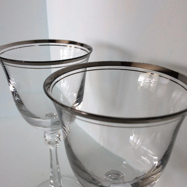 Vintage Double Line Platinum Rim Crystal Wine Glasses - a Pair For Sale - Image 11 of 13