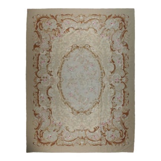 9x12 Vintage Aubusson Flat Weave Wool Rug, Beige Rose Medallion For Sale