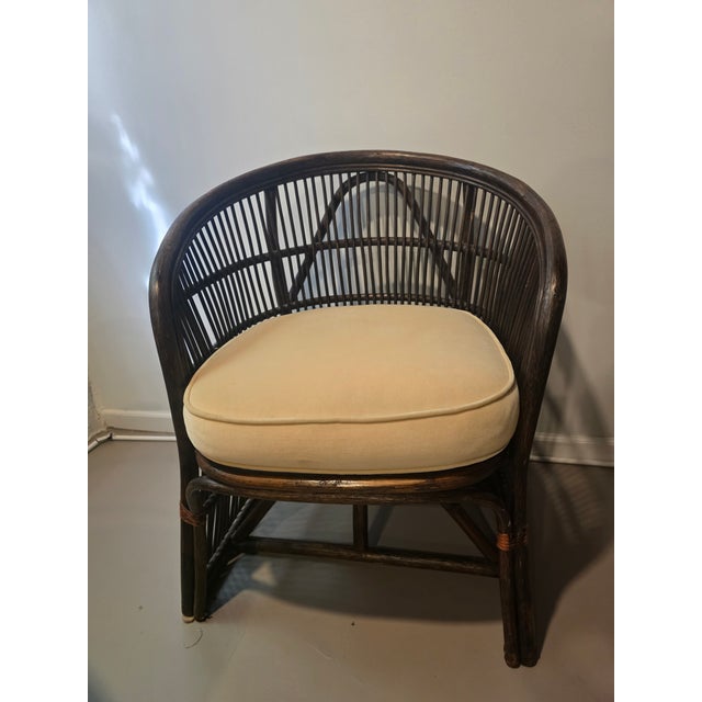 Wood Pair of Rattan and Bamboo Barrel Back Armchairs With Cream Cushions For Sale - Image 7 of 11