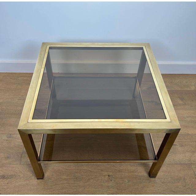 1970s Pair of large brass side tables with smoked glass For Sale - Image 10 of 12