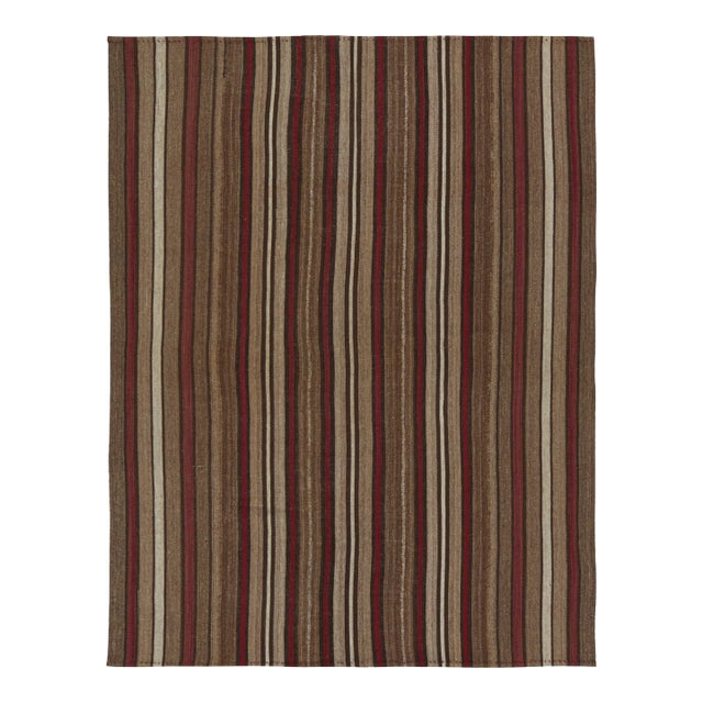 1950s Vintage Bidjar Palas Persian Kilim in Beige-Brown and Red Stripes by Rug & Kilim For Sale