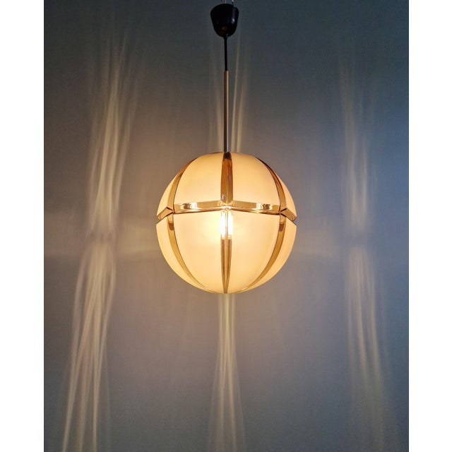 1970s Large Brass Pendant Light with Smoked and Frosted Glass Globe from Peill & Putzler, 1970 For Sale - Image 5 of 14