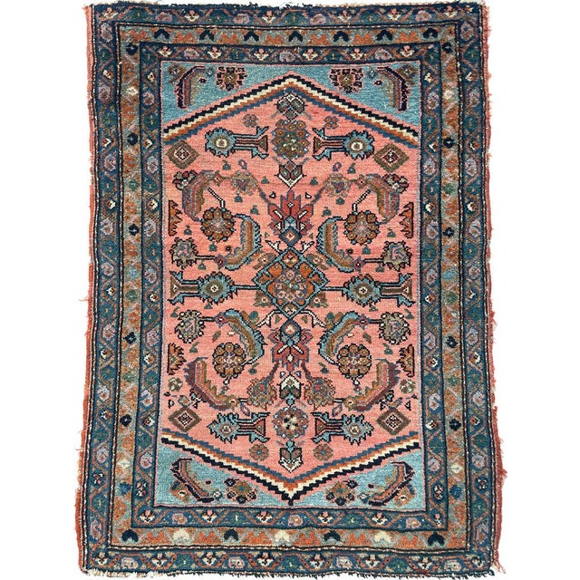 1920s Antique Hamadan Rug Coral-Pink & Sky Blue Water Garden Rug 2.7 x 3.4 For Sale - Image 5 of 10