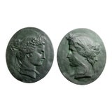 Pair of Large 16" Tall Bacchante Roman Figures Ceramic Plaques For Sale