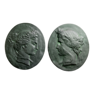 Pair of Large 16" Tall Bacchante Roman Figures Ceramic Plaques