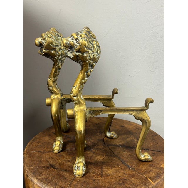 English Antique English Brass Lion Andirons For Sale - Image 3 of 8