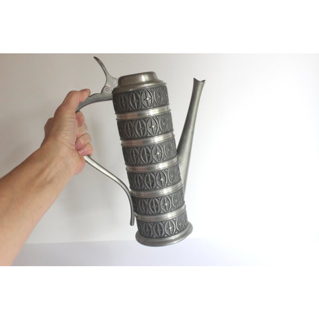 Metal Mid 20th Century Pewter Coffee Pot, Tall Norwegian Lidded Pitcher With Black Detail and Patina, Vintage Haugrud Norway Zinn Handle For Sale - Image 7 of 10