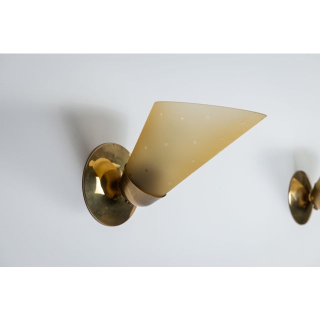 Vintage Brass Sconces with Decorated Yellow Glass Shades, 1960s, Set of 3 For Sale - Image 12 of 18
