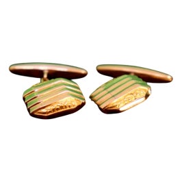 Gold Cufflinks with Raised Trim and Parallel Bands, Set of 2 For Sale
