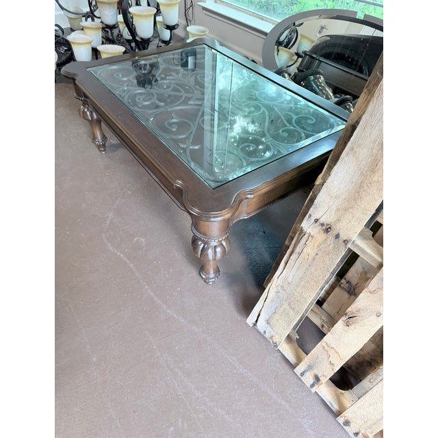 1990s Large Ornate Coffee Table – Iron Scrollwork Under Glass, Dark Wood For Sale - Image 4 of 6