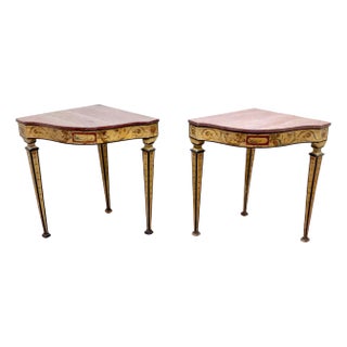 Pair 18th-Century Neapolitan Painted Corner Console Tables, Faux Porphyry Tops For Sale